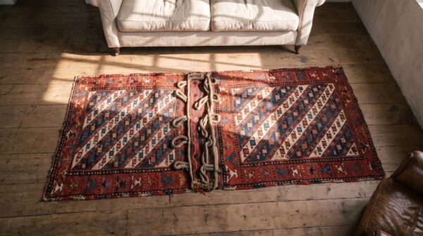 Antique soumak small scatter size wool rug (sku 22454) - styled overhead view