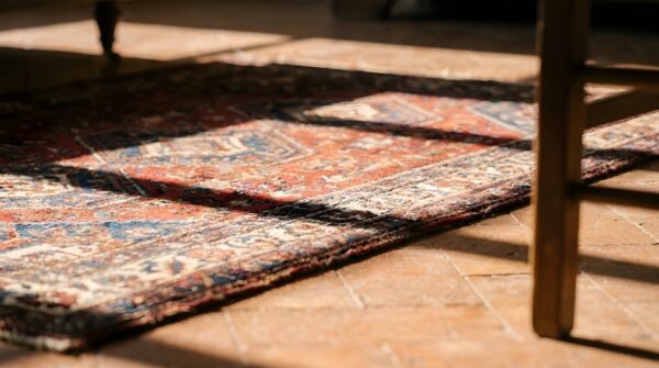 Antique soumak square small scatter size wool multicolor rug 8 Antique soumak square small scatter size wool multicolor rug (sku 25169) - in-room detail