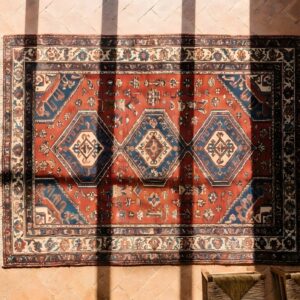 Antique Soumak Square Small Scatter Size Wool Multicolor Rug (SKU 25169) - styled overhead view