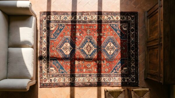 Antique soumak square small scatter size wool multicolor rug 2 Antique soumak square small scatter size wool multicolor rug (sku 25169) - styled overhead view