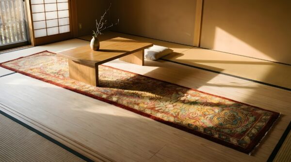 Antique spanish cuenca coral hallway runner rug allover floral (sku 24869) - room view