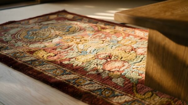 Antique spanish cuenca coral hallway runner rug allover floral (sku 24869) - in-room detail