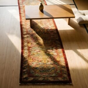 Antique Spanish Cuenca Coral Hallway Runner Rug Allover Floral (SKU 24869) - styled overhead view