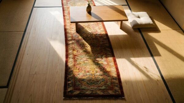 Antique spanish cuenca coral hallway runner rug allover floral (sku 24869) - styled overhead view