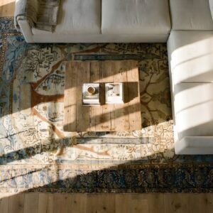 Spectacular Fine Weave Luxurious Antique Collectible Mid 19th Century Persian Silk Heriz Rug (SKU 24974) - styled overhead view