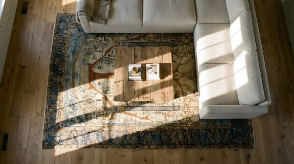 Spectacular fine weave luxurious antique collectible mid 19th century persian silk heriz rug 2 Spectacular fine weave luxurious antique collectible mid 19th century persian silk heriz rug (sku 24974) - styled overhead view