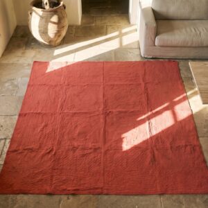 Square 1920s Coral Jewel Tones Allover Floral Needlework Wool Antique Rug (SKU 20717) - styled overhead view