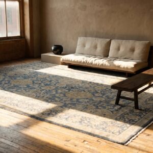Square Wool 1930s Allover Floral Hand Knotted Pile Large Blue Antique Rug (SKU 25503) - room view