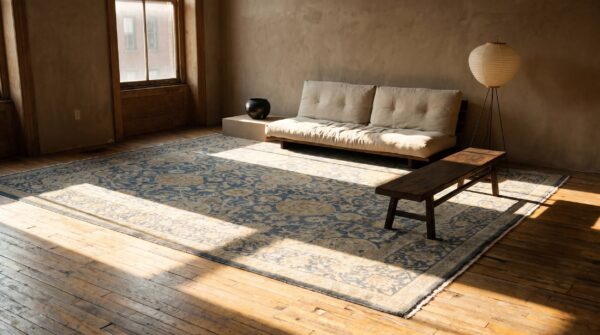 Square wool 1930s allover floral hand knotted pile large blue antique rug 10 Square wool 1930s allover floral hand knotted pile large blue antique rug (sku 25503) - room view