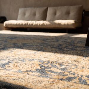 Square Wool 1930s Allover Floral Hand Knotted Pile Large Blue Antique Rug (SKU 25503) - in-room detail