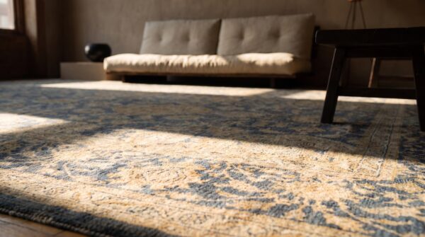 Square wool 1930s allover floral hand knotted pile large blue antique rug 11 Square wool 1930s allover floral hand knotted pile large blue antique rug (sku 25503) - in-room detail