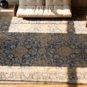 Square Wool 1930s Allover Floral Hand Knotted Pile Large Blue Antique Rug (SKU 25503) - styled overhead view