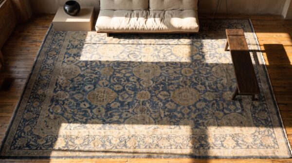 Square wool 1930s allover floral hand knotted pile large blue antique rug 2 Square wool 1930s allover floral hand knotted pile large blue antique rug (sku 25503) - styled overhead view