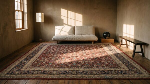 Antique square agra rug with allover herati pattern in coral 8 Antique square agra rug with allover herati pattern in coral (sku 18674) - room view