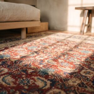 Antique Square Agra Rug with Allover Herati Pattern in Coral (SKU 18674) - in-room detail