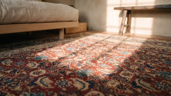 Antique square agra rug with allover herati pattern in coral 9 Antique square agra rug with allover herati pattern in coral (sku 18674) - in-room detail