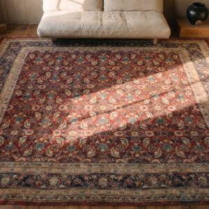 Antique Square Agra Rug with Allover Herati Pattern in Coral (SKU 18674) - styled overhead view