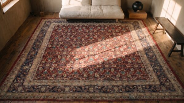 Antique square agra rug with allover herati pattern in coral 2 Antique square agra rug with allover herati pattern in coral (sku 18674) - styled overhead view