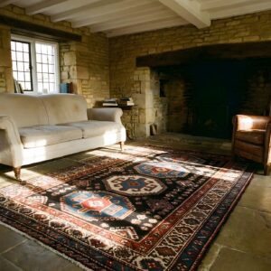 Square Allover Geometric 1890s Blue Antique Hand Knotted Pile Wool Rug (SKU 21734) - room view