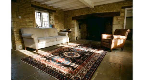 Square allover geometric 1890s blue antique hand knotted pile wool rug 7 Square allover geometric 1890s blue antique hand knotted pile wool rug (sku 21734) - room view