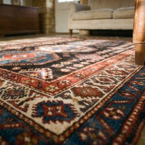 Square Allover Geometric 1890s Blue Antique Hand Knotted Pile Wool Rug (SKU 21734) - in-room detail