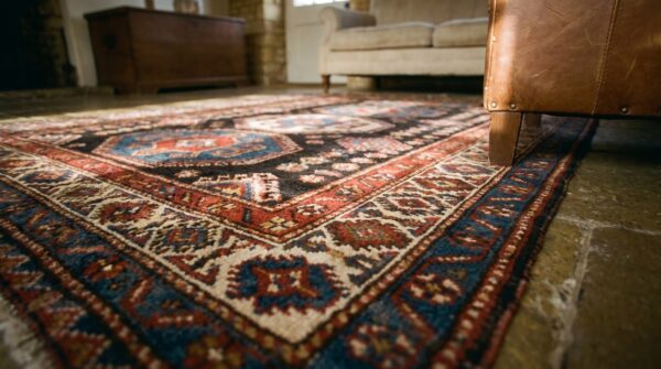 Square allover geometric 1890s blue antique hand knotted pile wool rug 8 Square allover geometric 1890s blue antique hand knotted pile wool rug (sku 21734) - in-room detail