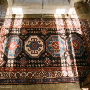 Square Allover Geometric 1890s Blue Antique Hand Knotted Pile Wool Rug (SKU 21734) - styled overhead view