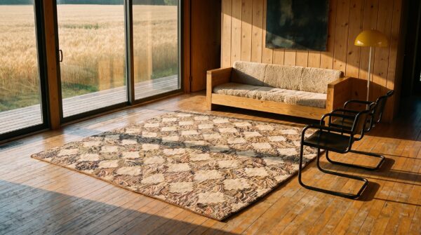 Antique square allover geometric american folk art hooked rug 9 Antique square allover geometric american folk art hooked rug (sku 20576) - room view