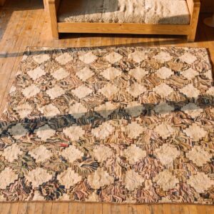 Antique Square Allover Geometric American Folk Art Hooked Rug (SKU 20576) - styled overhead view
