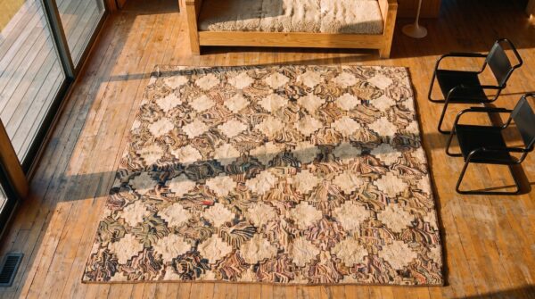 Antique square allover geometric american folk art hooked rug 2 Antique square allover geometric american folk art hooked rug (sku 20576) - styled overhead view