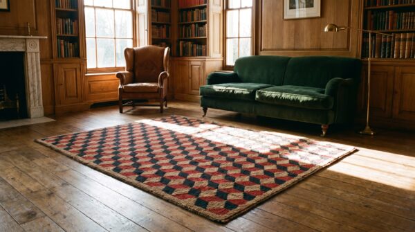 Antique square allover geometric wool & cotton hooked loop pile 1925 rug (sku 20494) - room view