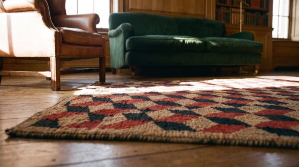 Antique square allover geometric wool & cotton hooked loop pile 1925 rug (sku 20494) - in-room detail