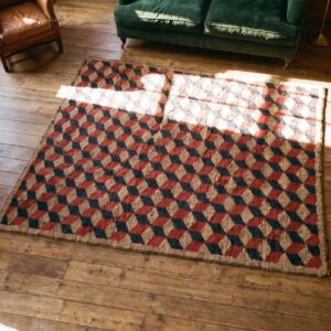 Antique Square Allover Geometric Wool & Cotton Hooked Loop Pile 1925 Rug (SKU 20494) - styled overhead view