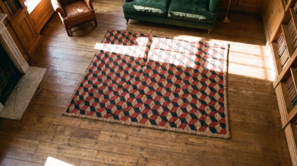Antique square allover geometric wool & cotton hooked loop pile 1925 rug (sku 20494) - styled overhead view