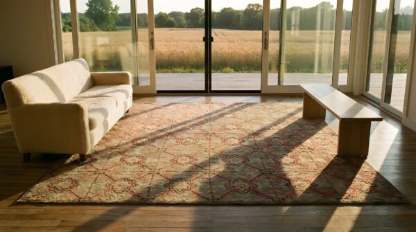 Antique square allover geometric pattern american hooked rug 8 Antique square allover geometric pattern american hooked rug (sku 25028) - room view