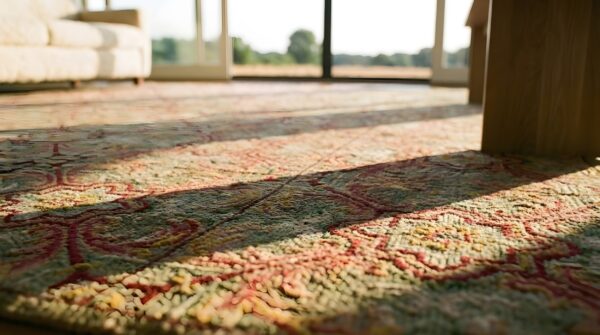 Antique square allover geometric pattern american hooked rug 9 Antique square allover geometric pattern american hooked rug (sku 25028) - in-room detail