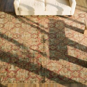 Antique Square Allover Geometric Pattern American Hooked Rug (SKU 25028) - styled overhead view