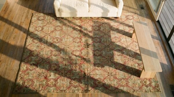 Antique square allover geometric pattern american hooked rug 2 Antique square allover geometric pattern american hooked rug (sku 25028) - styled overhead view