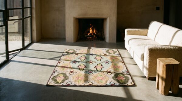 Antique square american hooked rug american knotted 8 Antique square american hooked rug american knotted (sku 17179) - room view