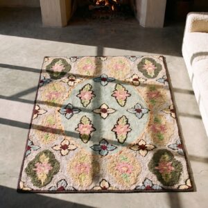 Antique Square American Hooked Rug American Knotted (SKU 17179) - styled overhead view