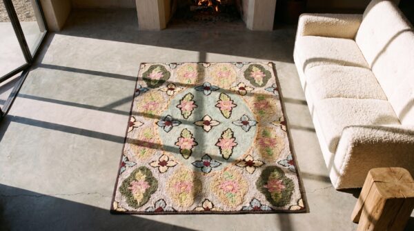 Antique square american hooked rug american knotted 2 Antique square american hooked rug american knotted (sku 17179) - styled overhead view