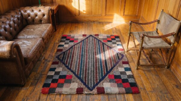 Antique square american hooked rug america multicolor 1920s (sku 20476) - styled overhead view