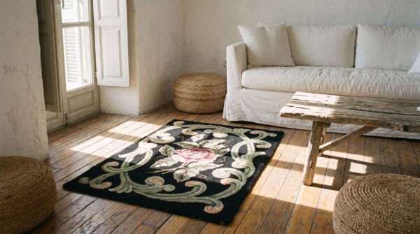Antique square american hooked rug american black 1920s 4 Antique square american hooked rug american black 1920s (sku 20548) - room view