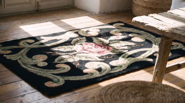 Antique square american hooked rug american black 1920s 5 Antique square american hooked rug american black 1920s (sku 20548) - in-room detail