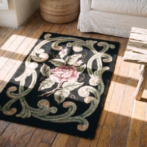 Antique Square American Hooked Rug American Black 1920s (SKU 20548) - styled overhead view