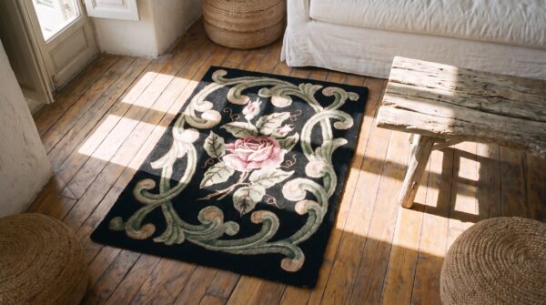 Antique square american hooked rug american black 1920s 2 Antique square american hooked rug american black 1920s (sku 20548) - styled overhead view