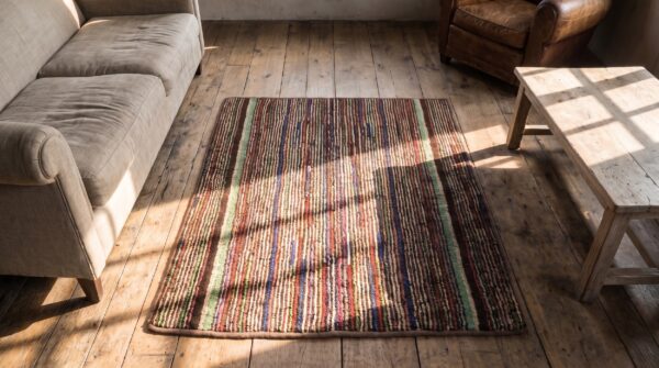 Antique square american hooked rug multicolor 1890s (sku 20483) - styled overhead view