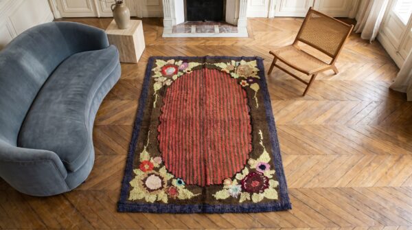 Square wool antique american hooked small scatter size 1935 rug (sku 17634) - styled overhead view