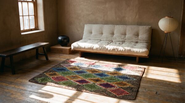 Square american multicolor hooked 1930s wool antique rug 8 Square american multicolor hooked 1930s wool antique rug (sku 20538) - room view