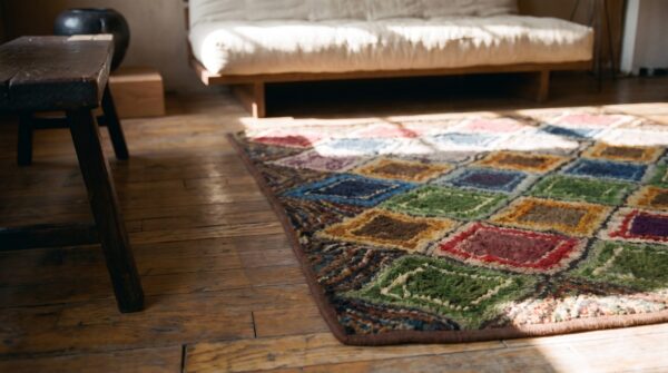 Square american multicolor hooked 1930s wool antique rug 9 Square american multicolor hooked 1930s wool antique rug (sku 20538) - in-room detail